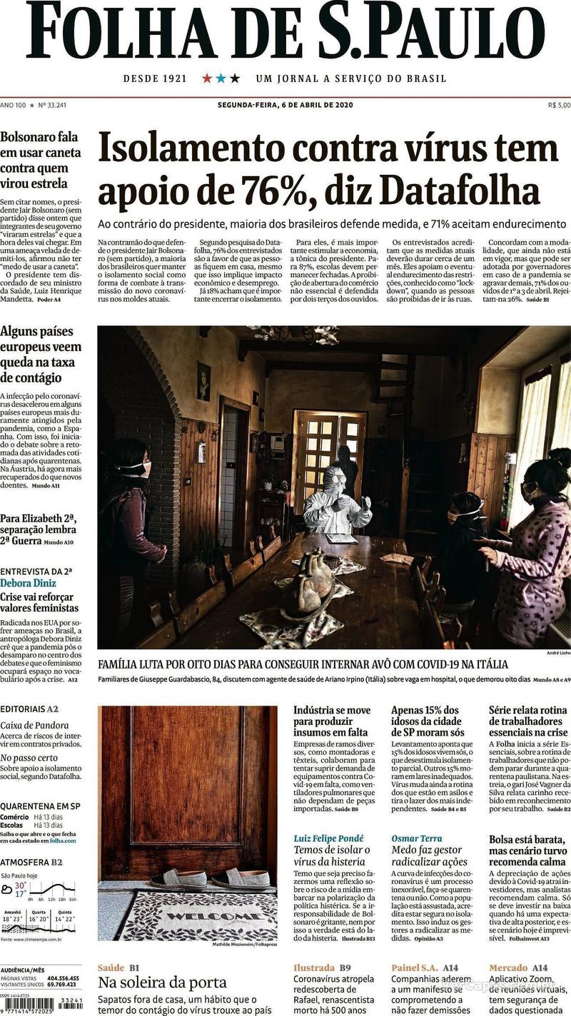 Capa do jornal Folha de S.Paulo 06/04/2020