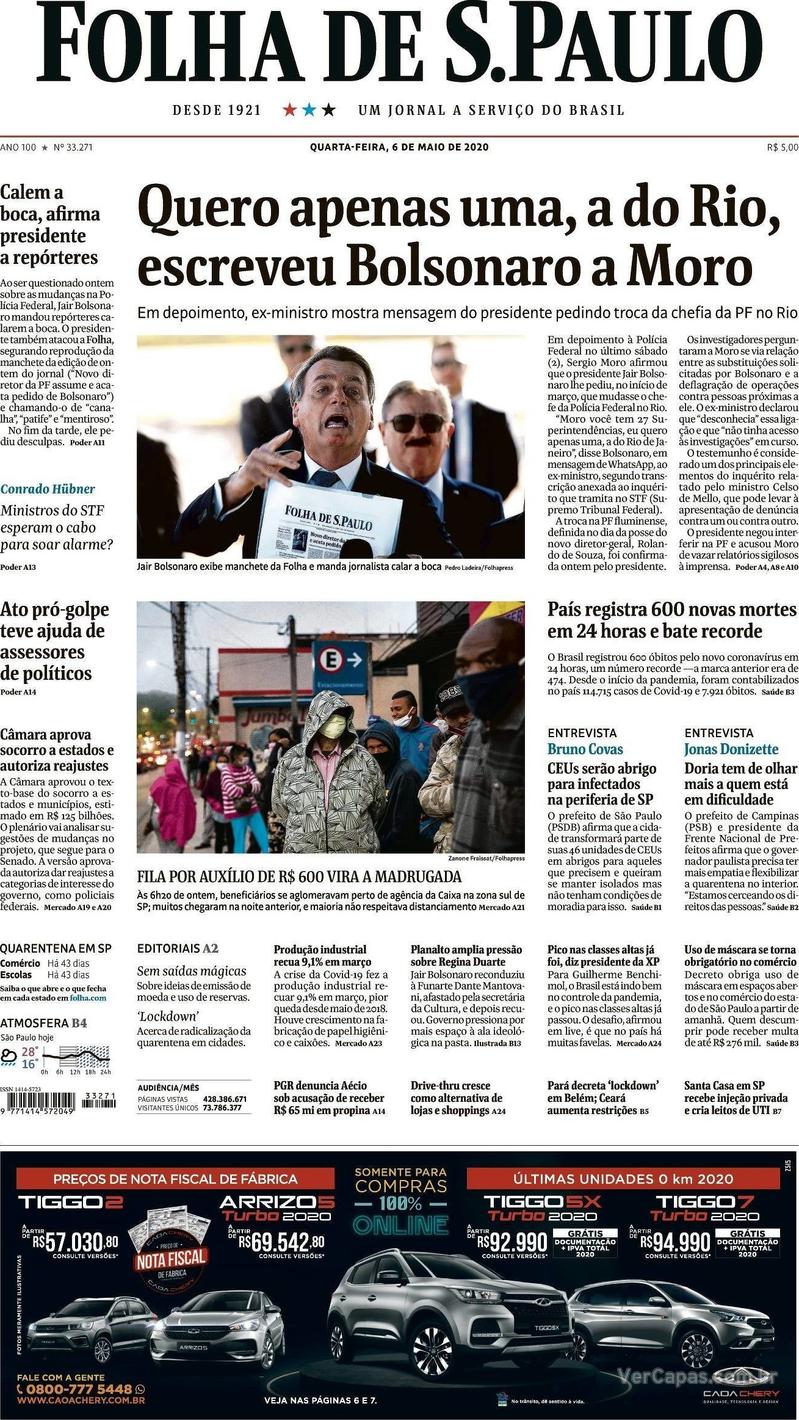 Capa do jornal Folha de S.Paulo 06/05/2020