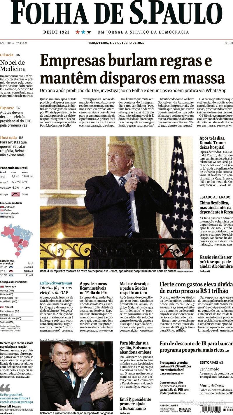 Capa do jornal Folha de S.Paulo 06/10/2020