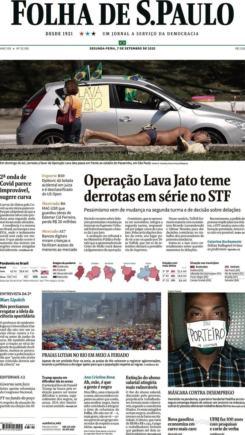 Capa do jornal Folha de S.Paulo 07/09/2020