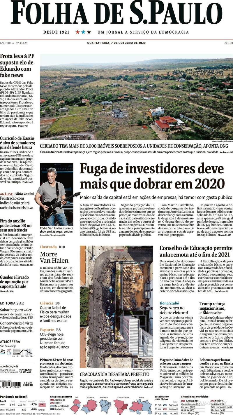 Capa do jornal Folha de S.Paulo 07/10/2020