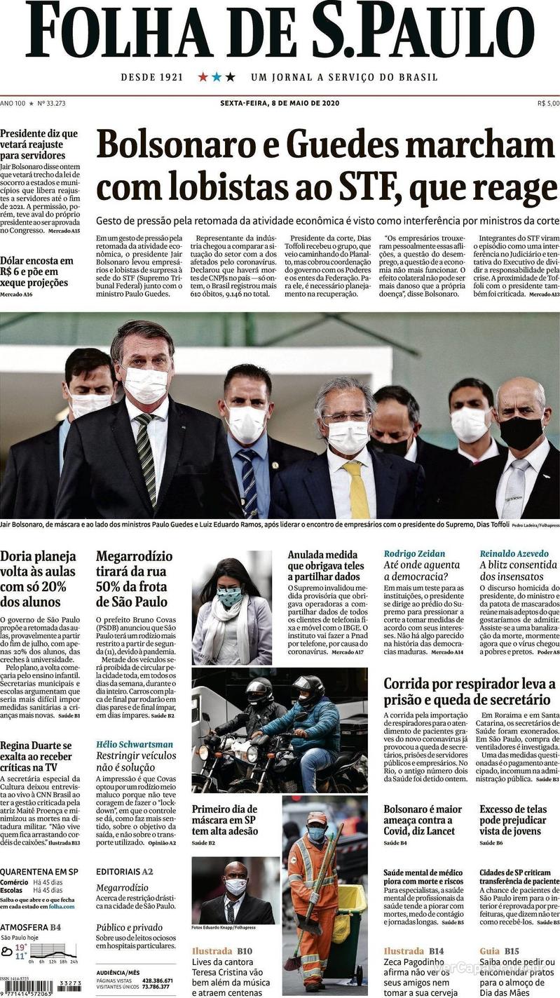 Capa do jornal Folha de S.Paulo 08/05/2020