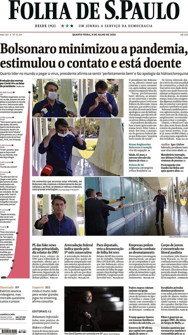 Capa do jornal Folha de S.Paulo 08/07/2020
