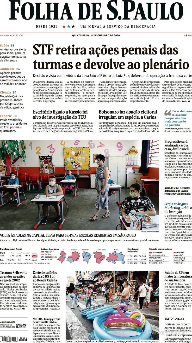 Capa do jornal Folha de S.Paulo 08/10/2020