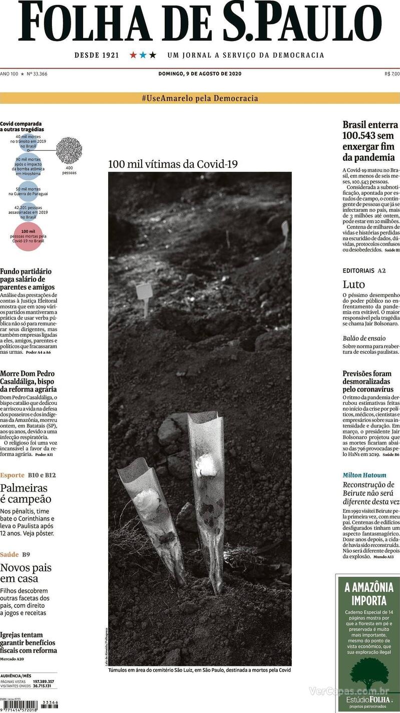 Capa do jornal Folha de S.Paulo 09/08/2020