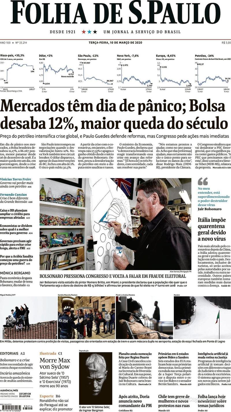 Capa Folha De S Paulo Edição Terça 10 De Março De 2020