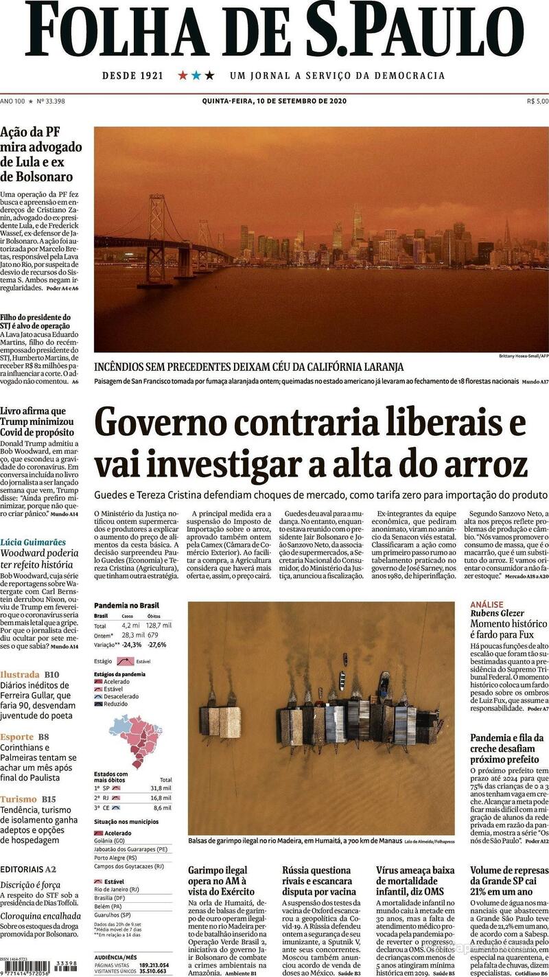 Capa do jornal Folha de S.Paulo 10/09/2020