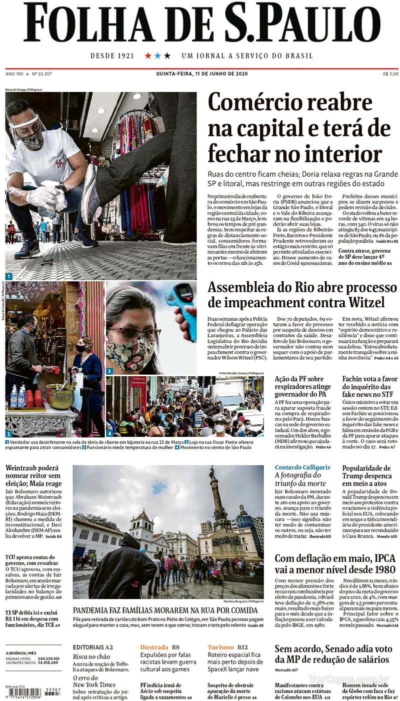Capa do jornal Folha de S.Paulo 11/06/2020