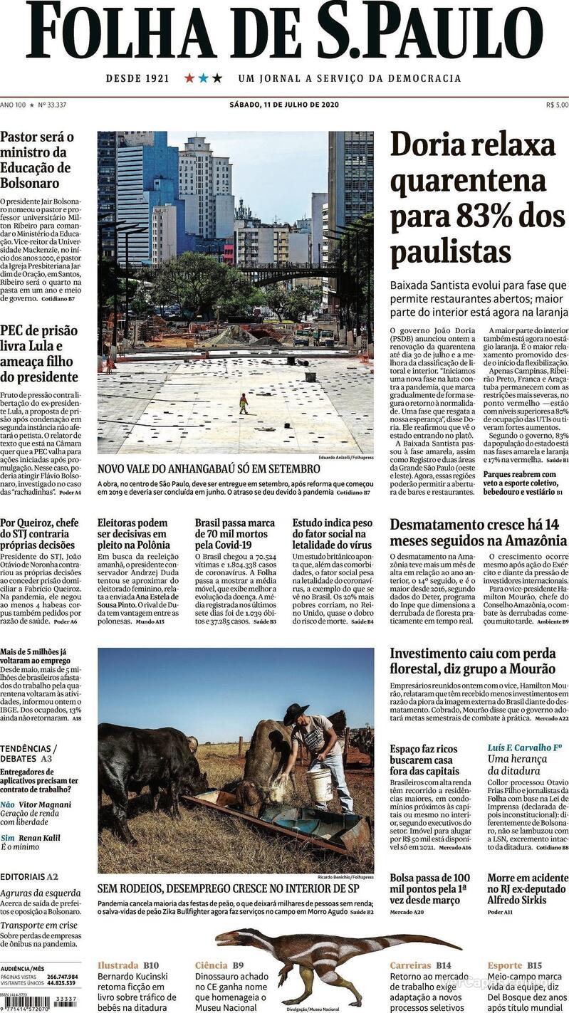 Capa do jornal Folha de S.Paulo 11/07/2020