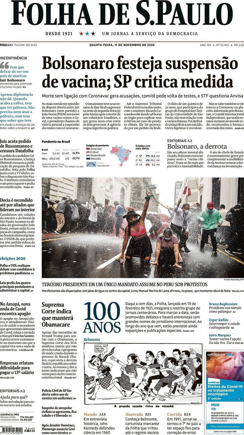 Capa do jornal Folha de S.Paulo 11/11/2020