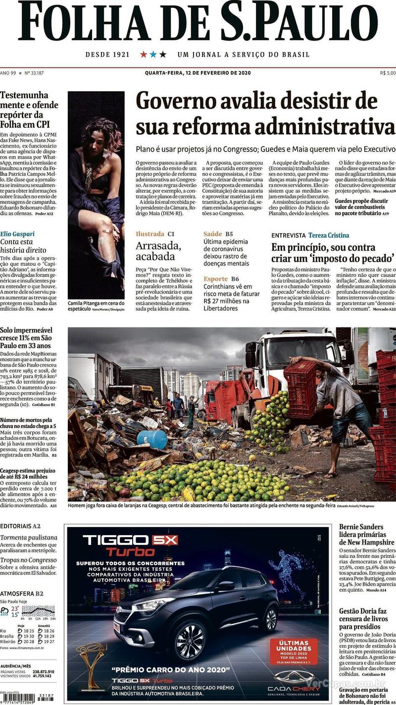 Capa Folha De S Paulo Edição Quarta 12 De Fevereiro De 2020