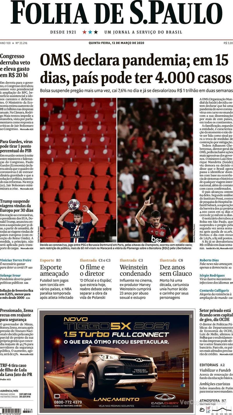 Capa Folha De Spaulo Edição Quinta12 De Março De 2020 