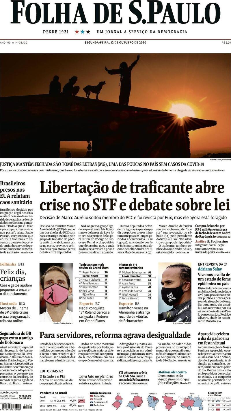 Capa do jornal Folha de S.Paulo 12/10/2020