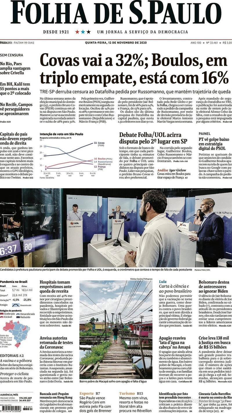 Capa do jornal Folha de S.Paulo 12/11/2020
