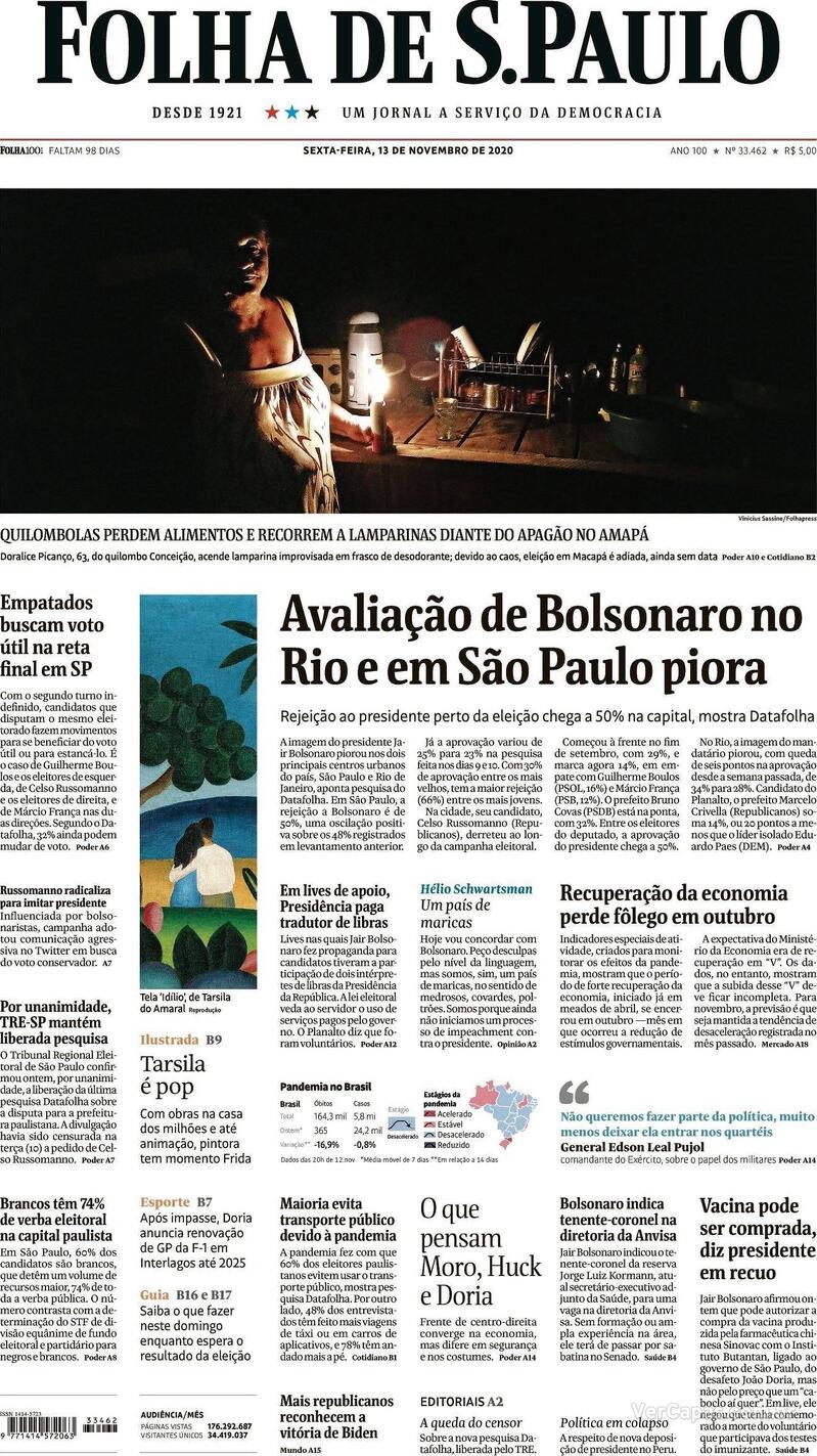 Capa do jornal Folha de S.Paulo 13/11/2020