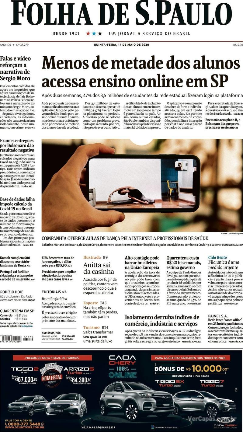 Capa do jornal Folha de S.Paulo 14/05/2020