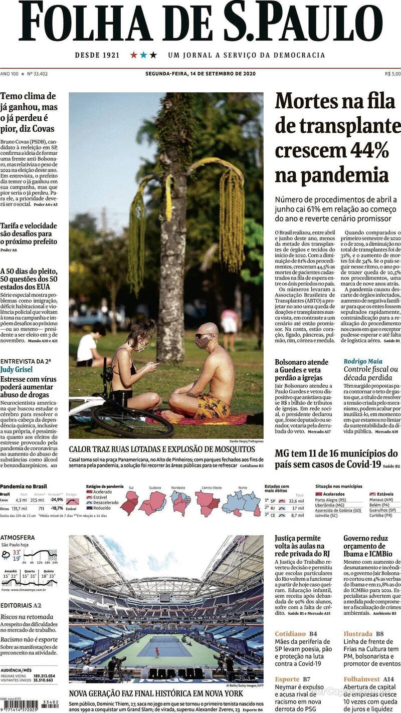 Capa do jornal Folha de S.Paulo 14/09/2020