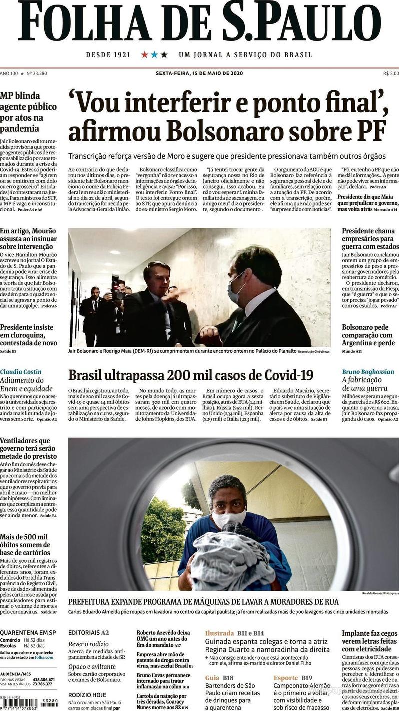 Capa do jornal Folha de S.Paulo 15/05/2020
