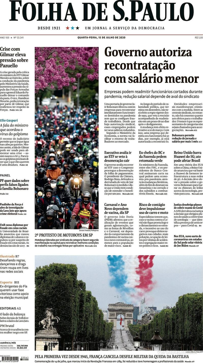 Capa do jornal Folha de S.Paulo 15/07/2020