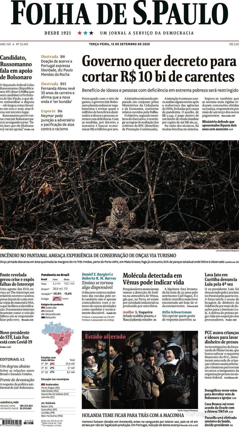 Capa do jornal Folha de S.Paulo 15/09/2020