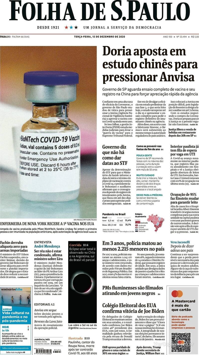 Capa do jornal Folha de S.Paulo 15/12/2020