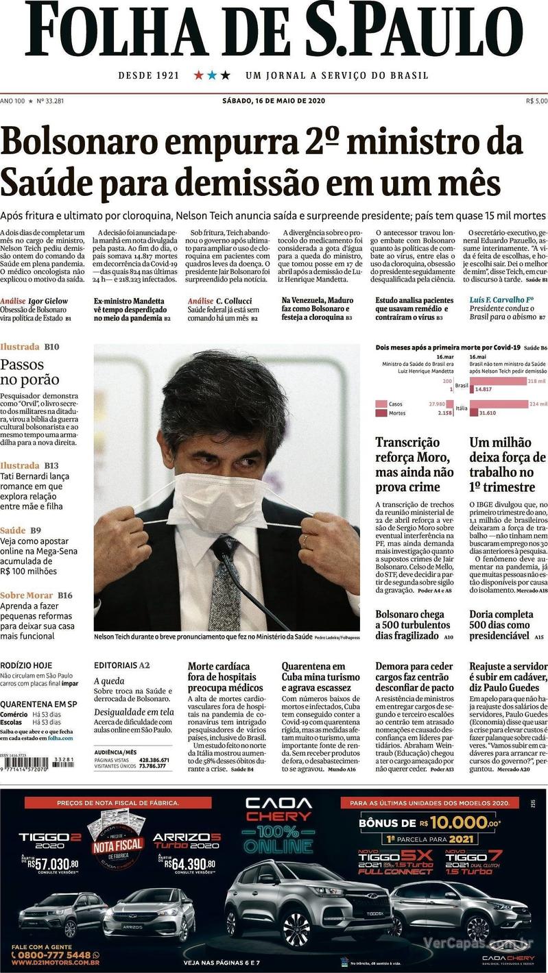 Capa do jornal Folha de S.Paulo 16/05/2020