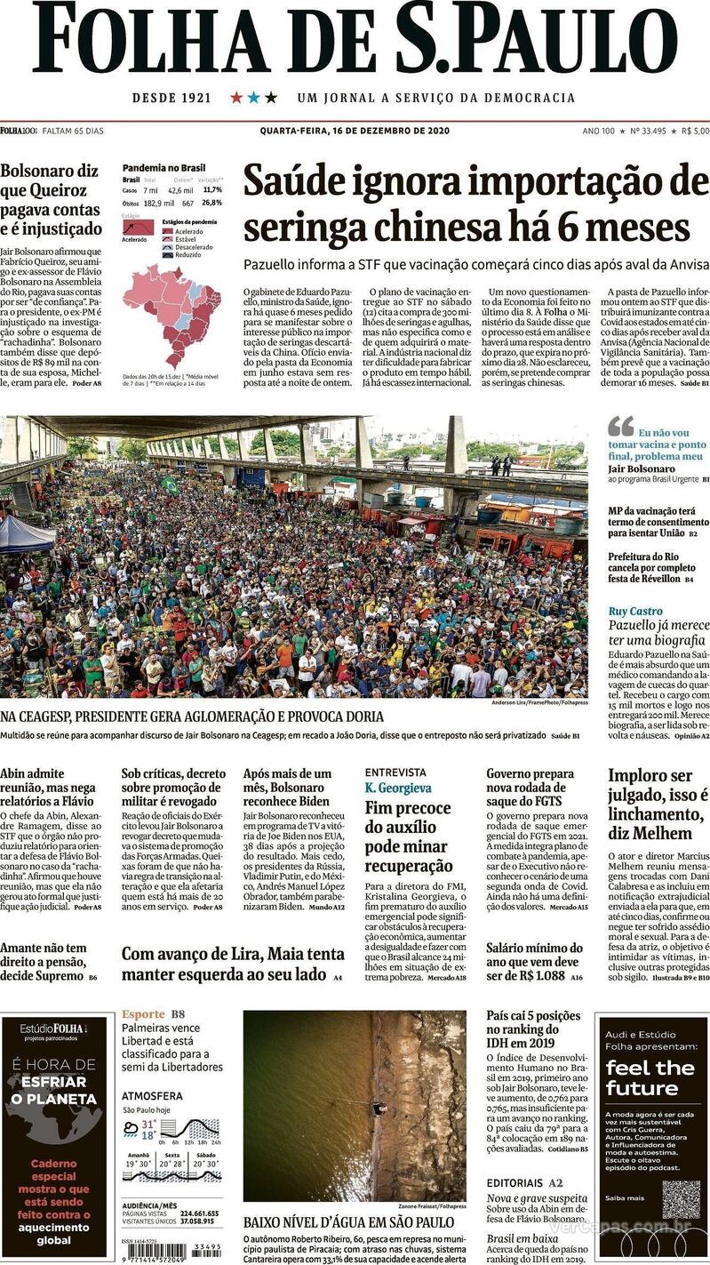 Capa do jornal Folha de S.Paulo 16/12/2020