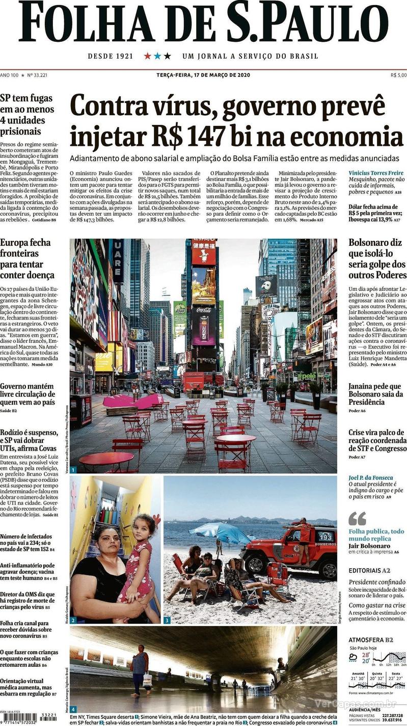 Capa Folha De S Paulo Edição Terça 17 De Março De 2020
