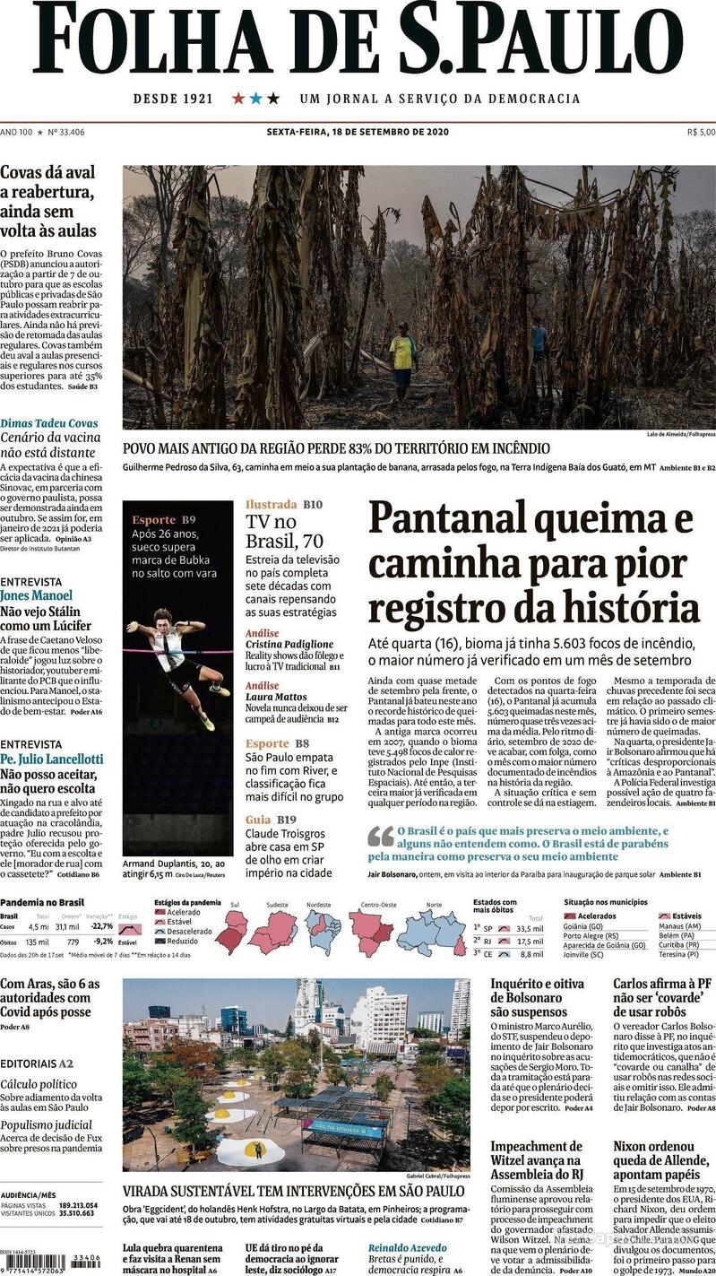 Capa do jornal Folha de S.Paulo 18/09/2020