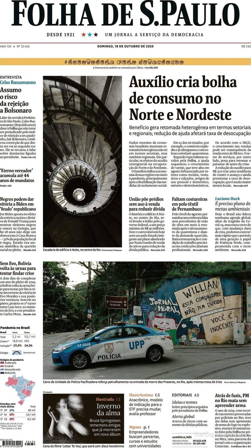 Capa do jornal Folha de S.Paulo 18/10/2020