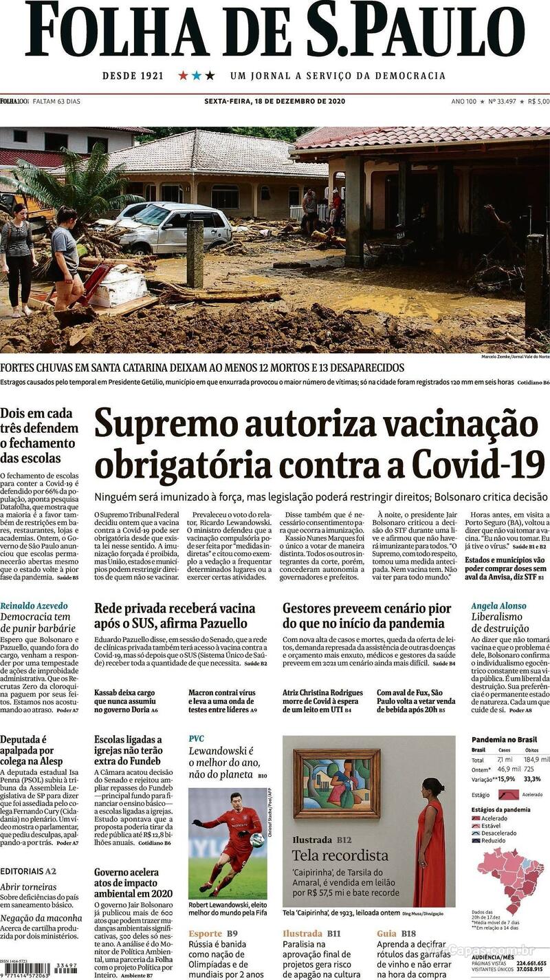 Capa do jornal Folha de S.Paulo 18/12/2020