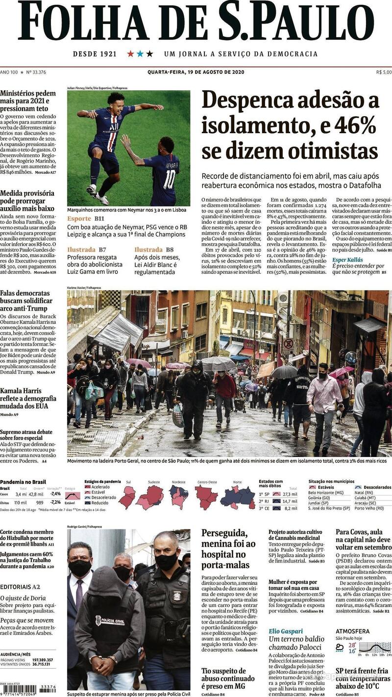 Capa do jornal Folha de S.Paulo 19/08/2020