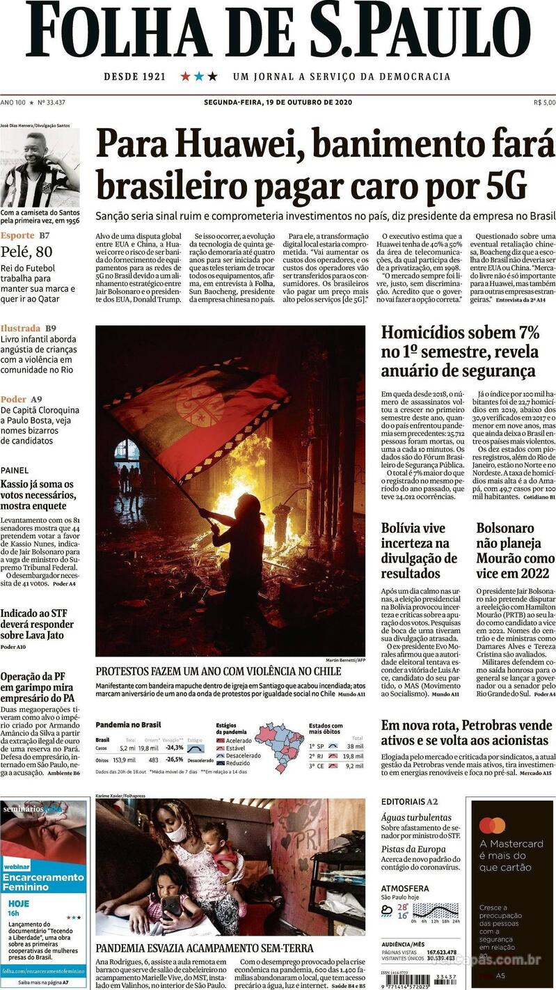 Capa do jornal Folha de S.Paulo 19/10/2020