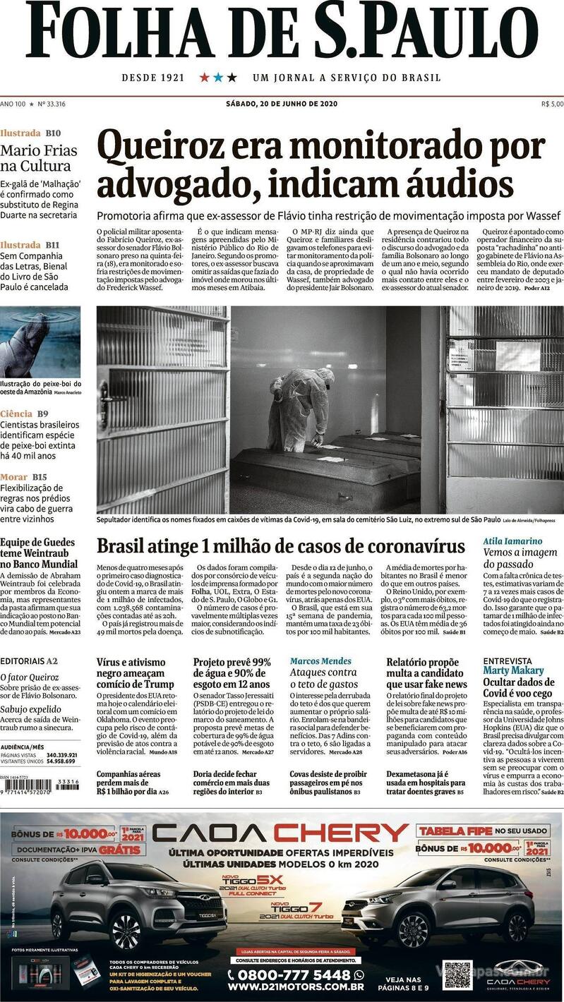 Capa do jornal Folha de S.Paulo 20/06/2020