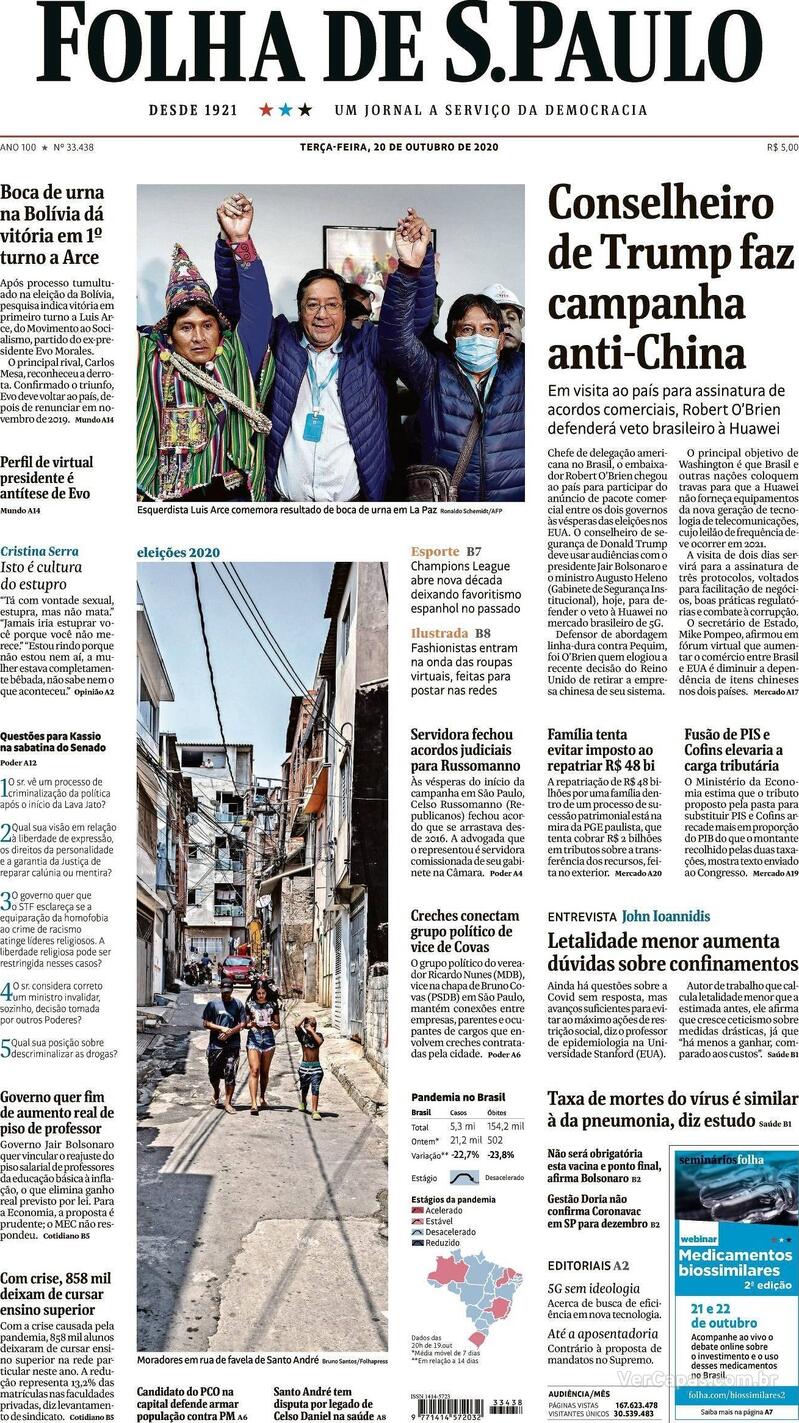 Capa do jornal Folha de S.Paulo 20/10/2020