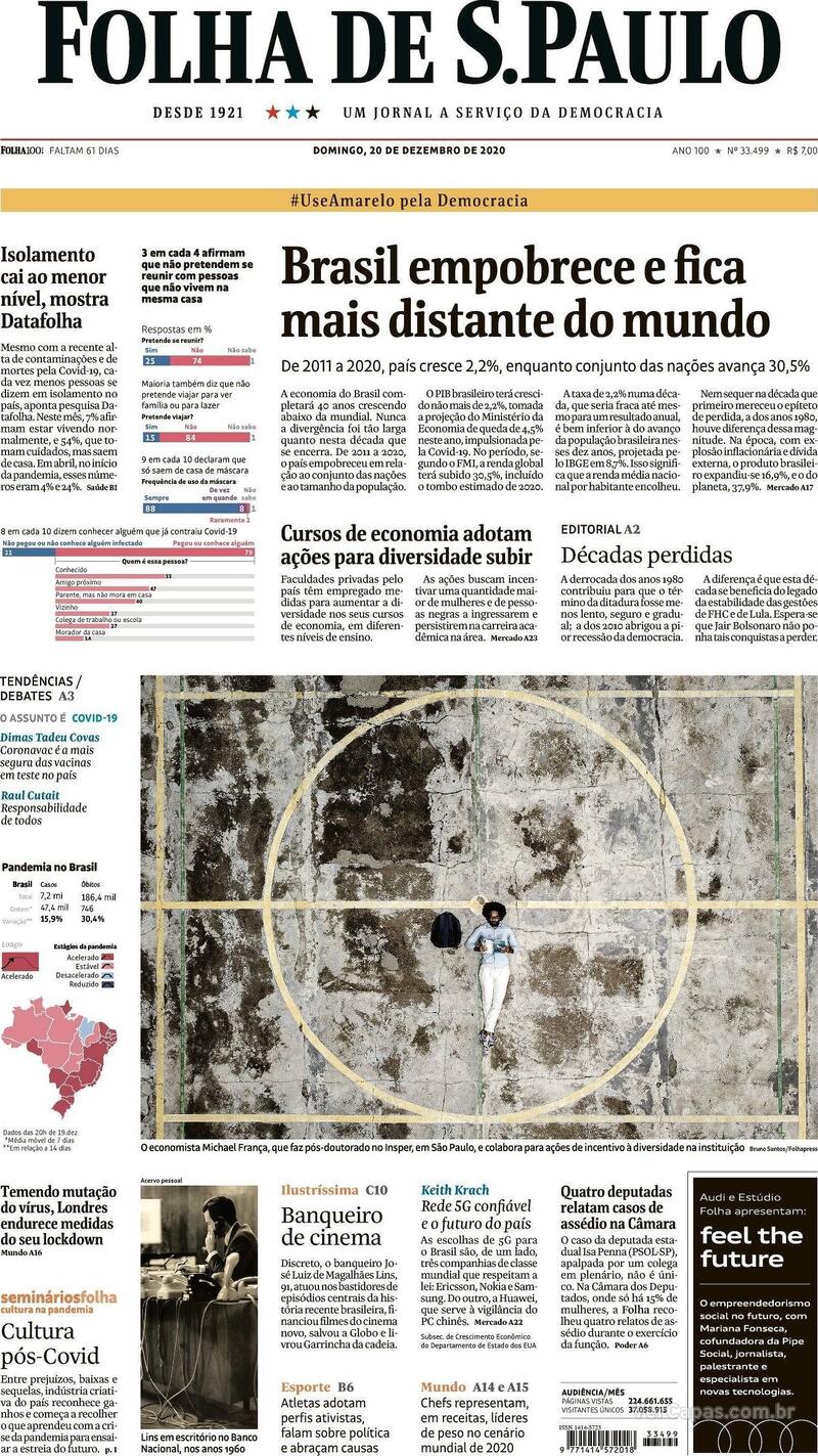 Capa do jornal Folha de S.Paulo 20/12/2020