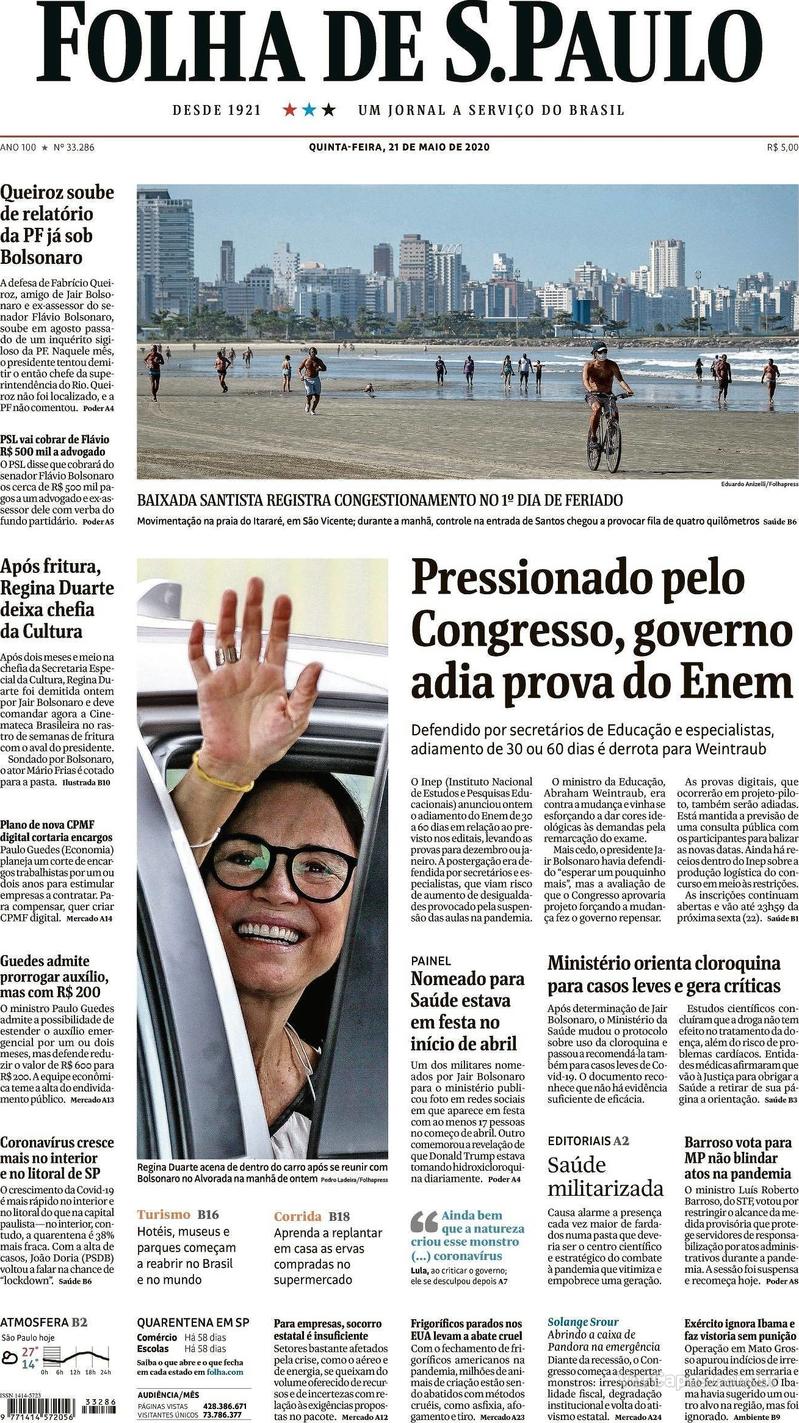 Capa do jornal Folha de S.Paulo 21/05/2020