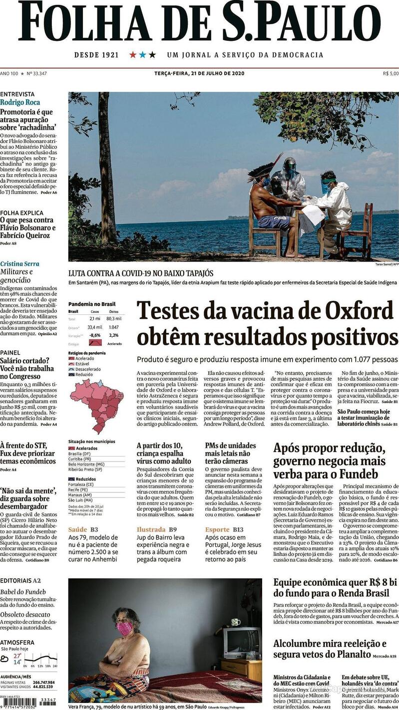 Capa do jornal Folha de S.Paulo 21/07/2020