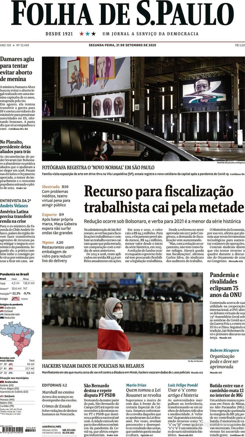 Capa do jornal Folha de S.Paulo 21/09/2020