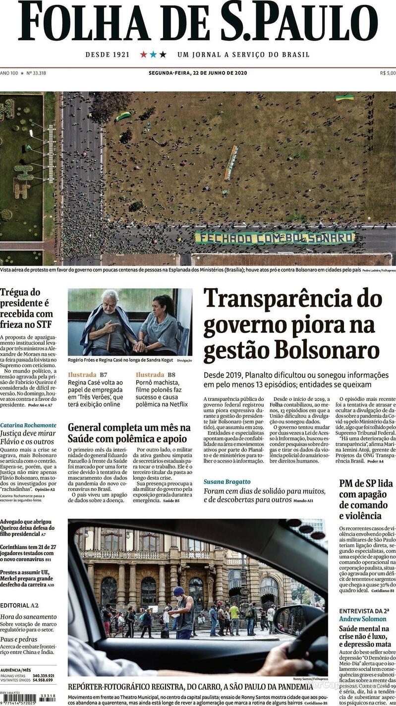 Capa do jornal Folha de S.Paulo 22/06/2020