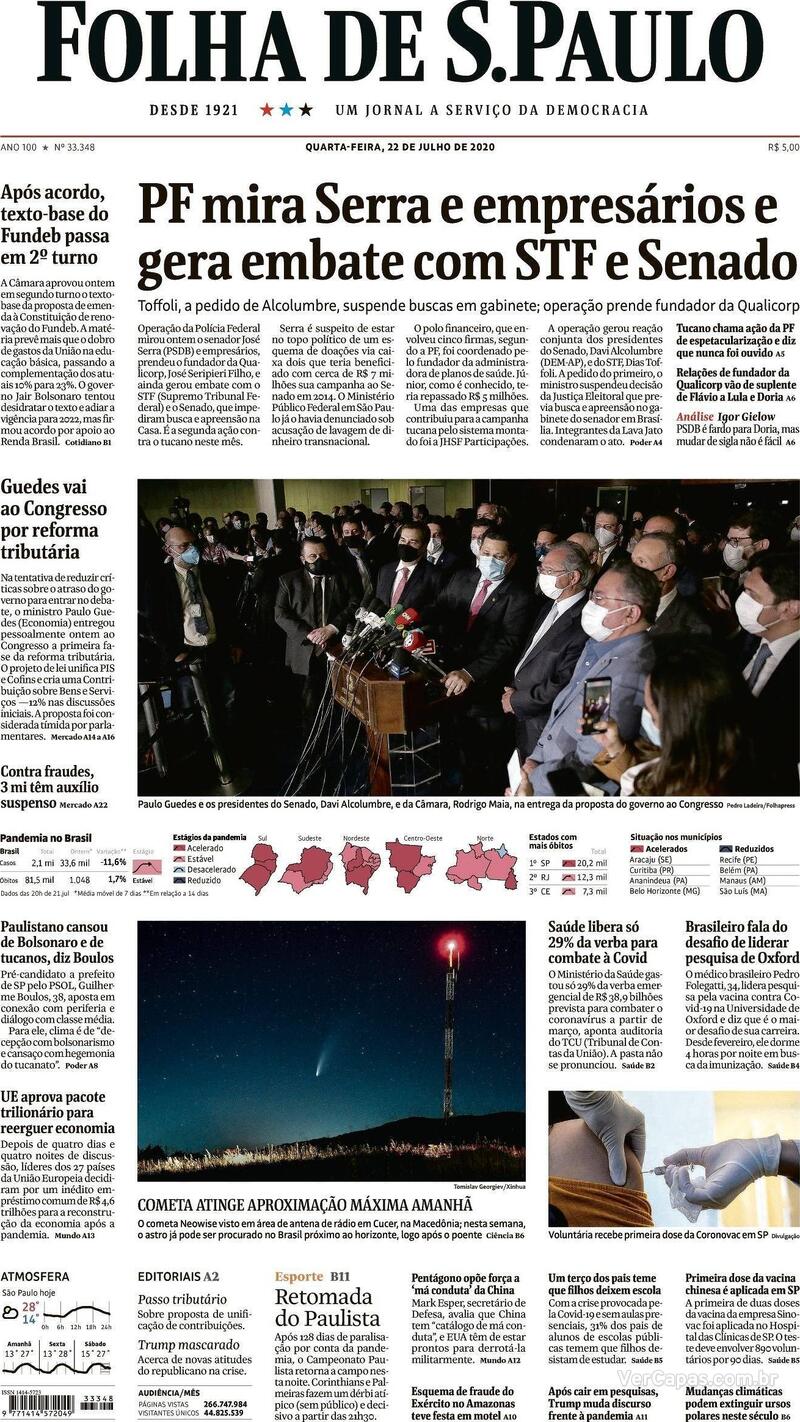 Capa do jornal Folha de S.Paulo 22/07/2020