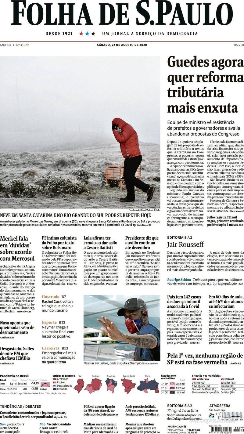 Capa do jornal Folha de S.Paulo 22/08/2020