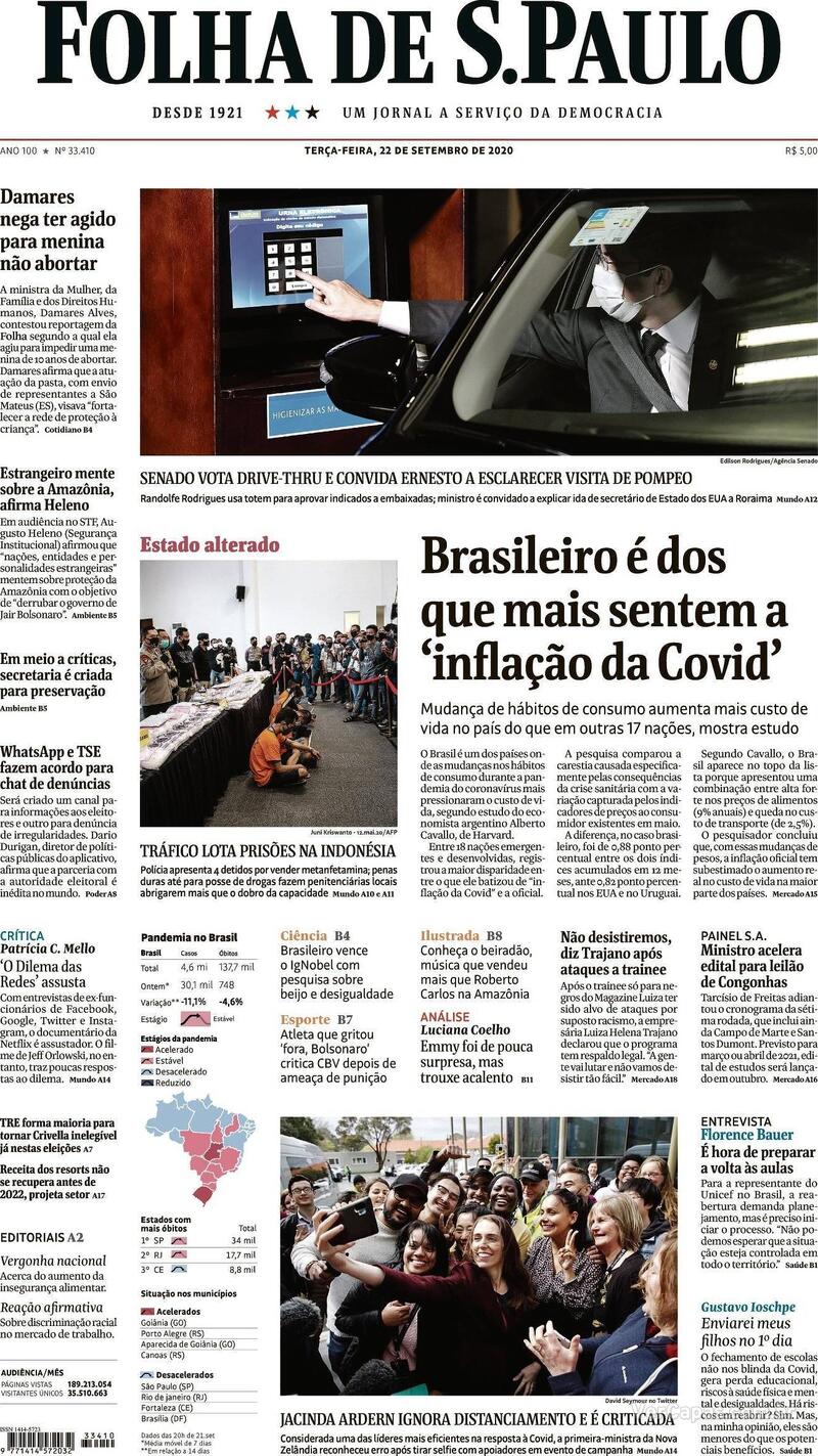 Capa do jornal Folha de S.Paulo 22/09/2020