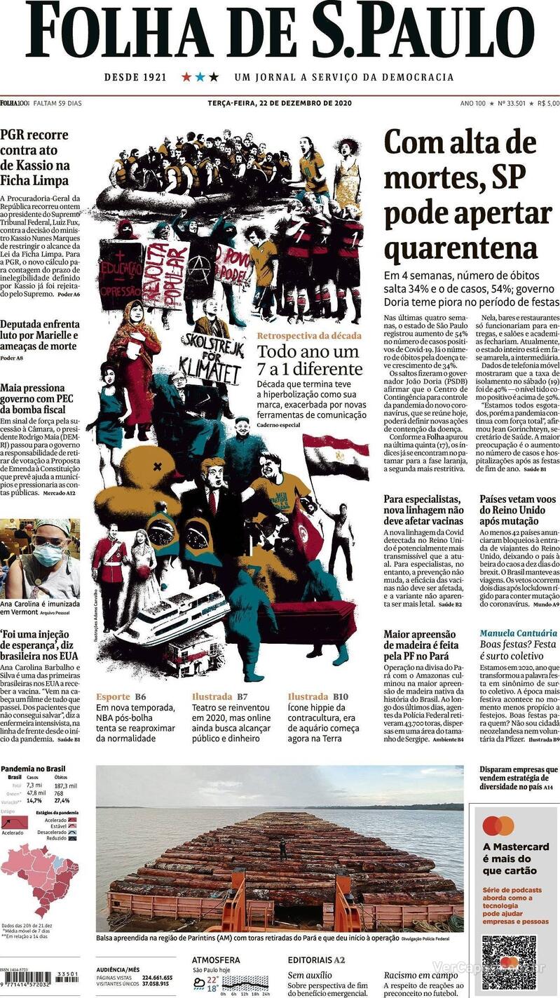 Capa do jornal Folha de S.Paulo 22/12/2020