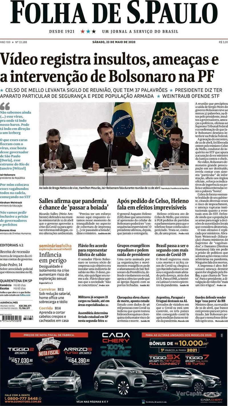 Capa do jornal Folha de S.Paulo 23/05/2020