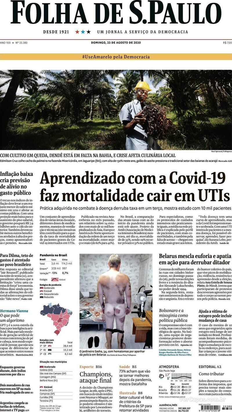 Capa do jornal Folha de S.Paulo 23/08/2020