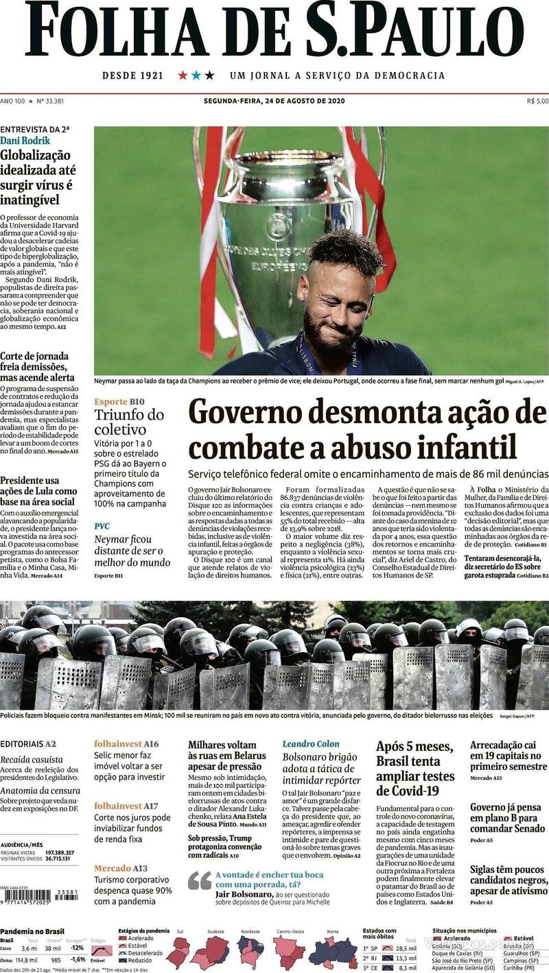 Capa do jornal Folha de S.Paulo 24/08/2020