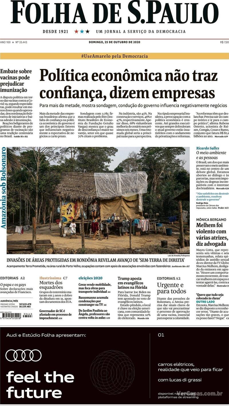 Capa do jornal Folha de S.Paulo 25/10/2020