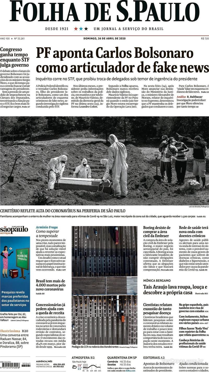 Capa do jornal Folha de S.Paulo 26/04/2020