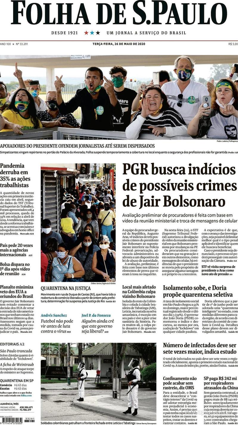 Capa do jornal Folha de S.Paulo 26/05/2020